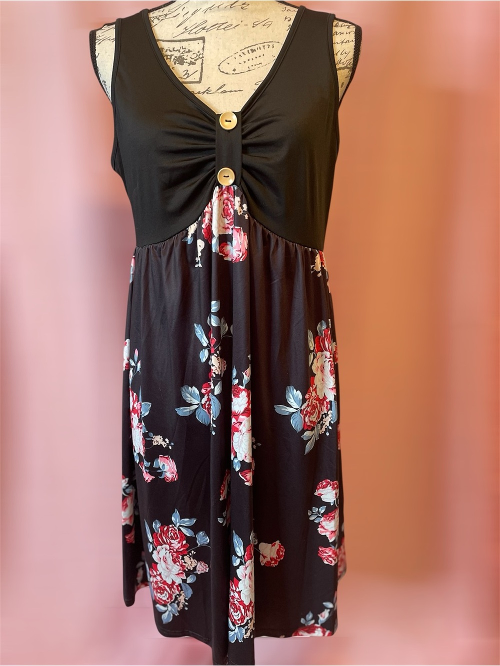 Black Floral Sleeveless Button Front Sundress Bohemian Dress Size XL